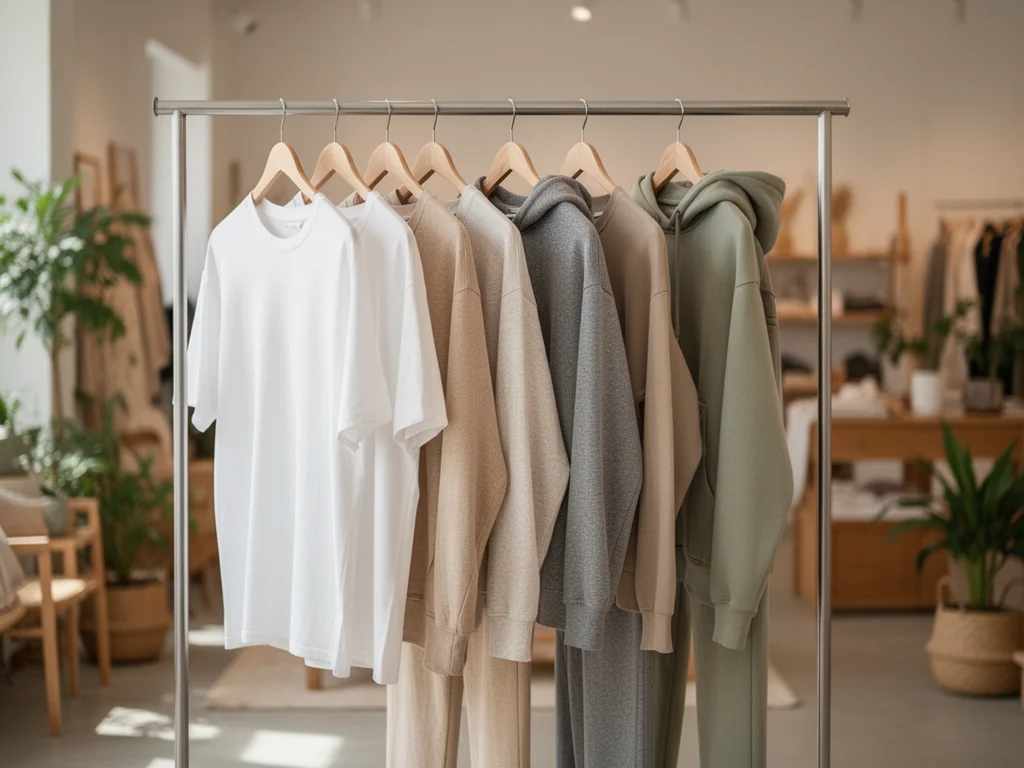 Minimalistyczny wieszak z prostymi, neutralnymi ubraniami unisex w przytulnym, nowoczesnym wnętrzu butiku