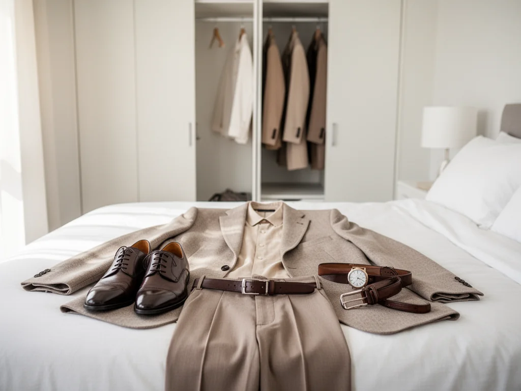 Elegancki, neutralny zestaw ubrań ułożony na łóżku jako przykład prostego, klasycznego dress code’u.