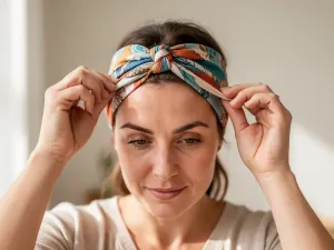 Dłonie wiążą jasną jedwabną apaszkę na szyi w prosty węzeł, w miękkim świetle, w stylu nowoczesnej fotografii lifestyle.