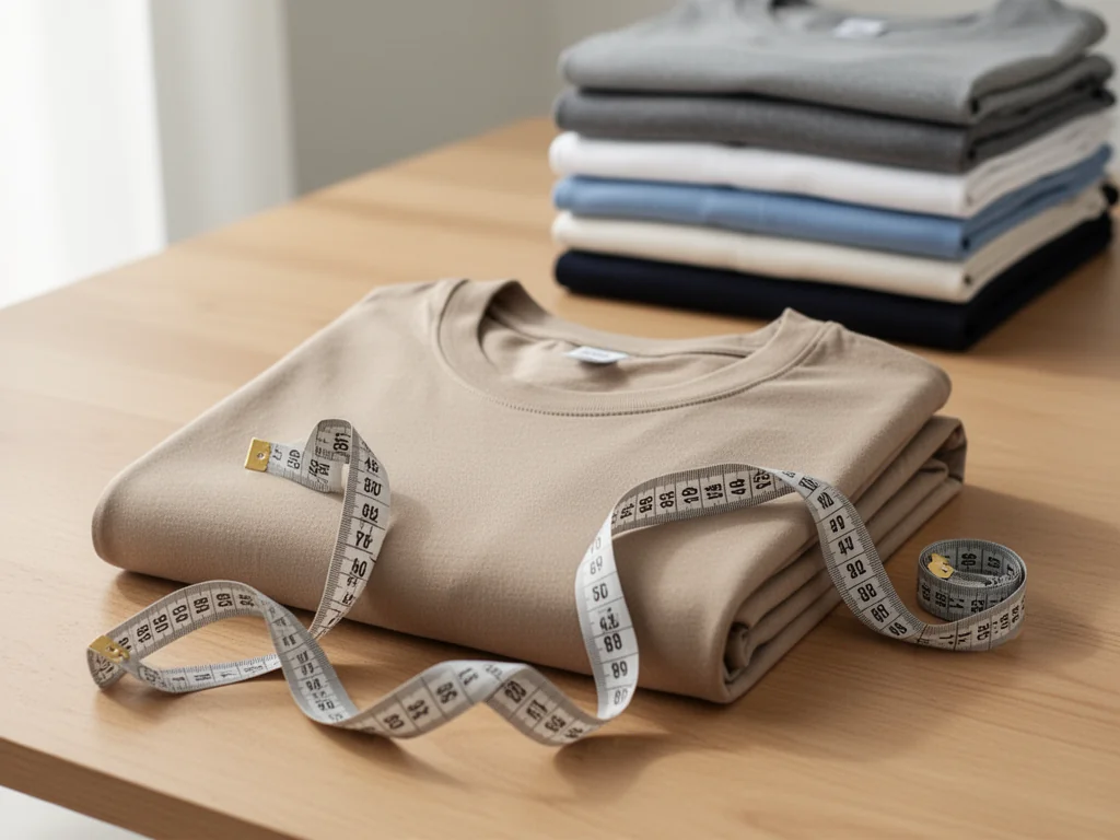 Złożony T‑shirt w rozmiarze XL z miarką krawiecką, ilustrujący sposób sprawdzania wymiarów i doboru rozmiaru.