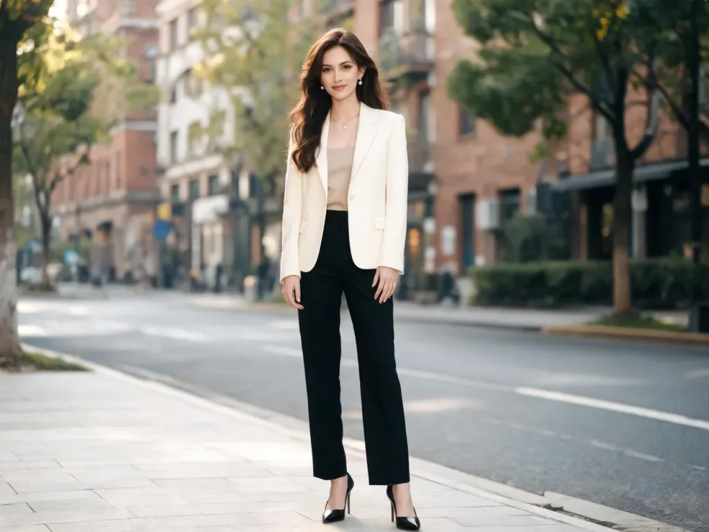 Elegancka brunetka w minimalistycznym stroju na miejskiej ulicy, emanująca klasą w stylu lat 90., delikatny makijaż i biżuteria