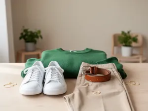 Elegancka kobieta przy biurku z laptopem i kawą, pracuje w domowym zaciszu, w spokojnym, ciepłym świetle dziennym.