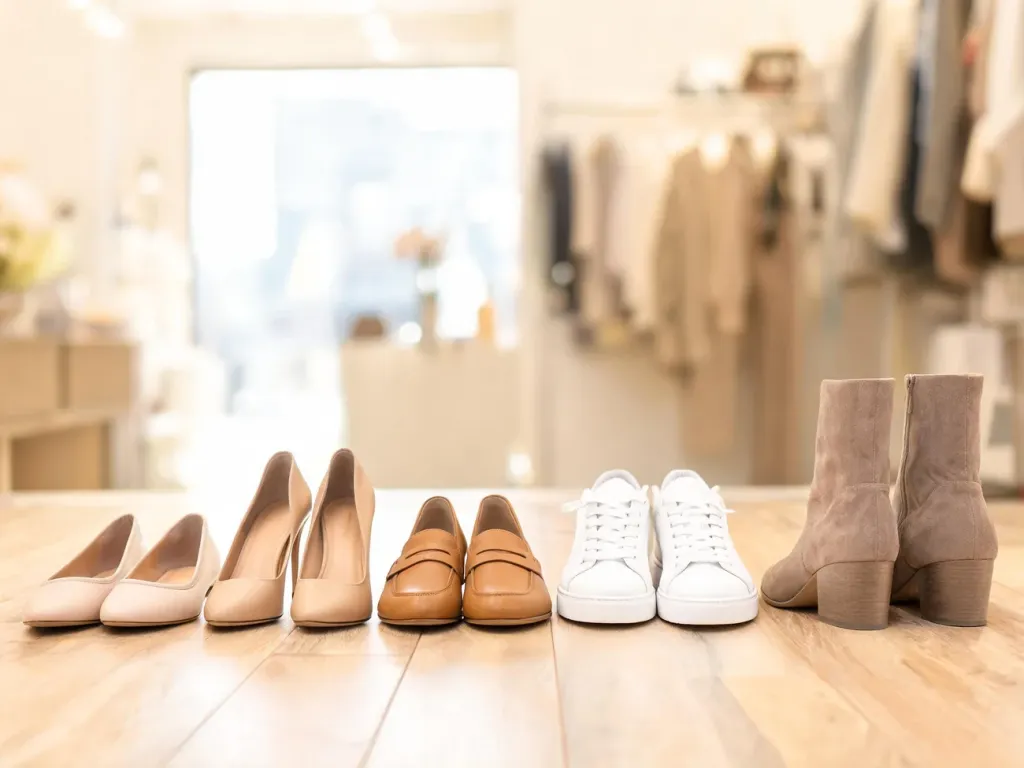 Stylowe damskie buty w różnych fasonach na jasnej podłodze, prezentujące najmodniejsze modele w neutralnych kolorach