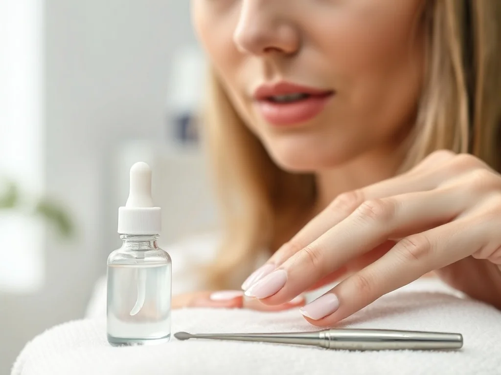Profesjonalny manicure z użyciem żelu do skórek i metalowego kopytka w jasnym, minimalistycznym salonie kosmetycznym.