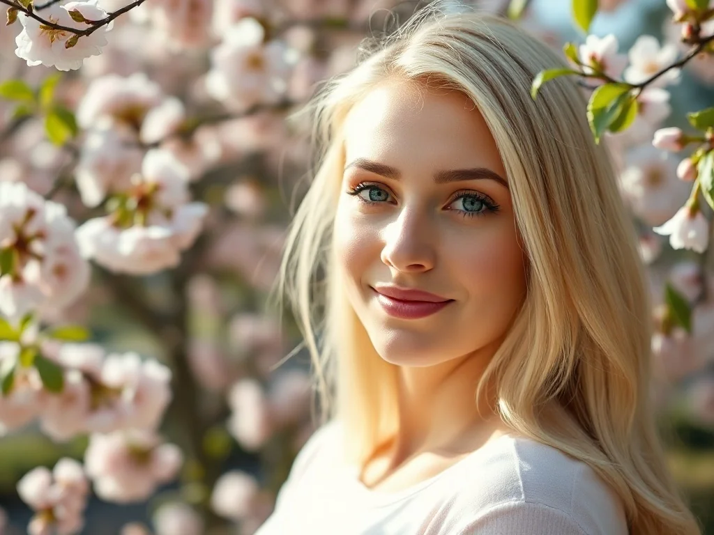 Kobieta o jasnej karnacji i blond włosach w otoczeniu kwitnących drzew, prezentująca paletę barw typu jasna wiosna.