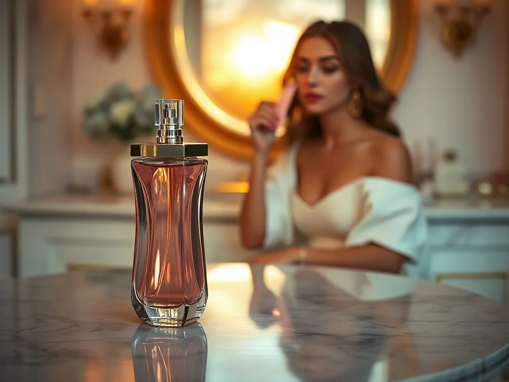 Elegancki flakon perfum Carolina Herrera w kształcie szpilki na marmurowym blacie, w tle kobieta aplikująca zapach.