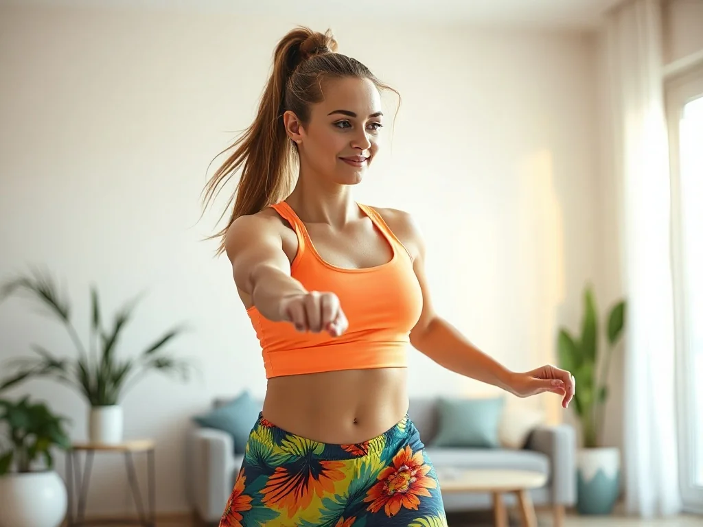 Kobieta w sportowym stroju wykonuje energiczne kroki zumby w jasnym, nowoczesnym salonie.