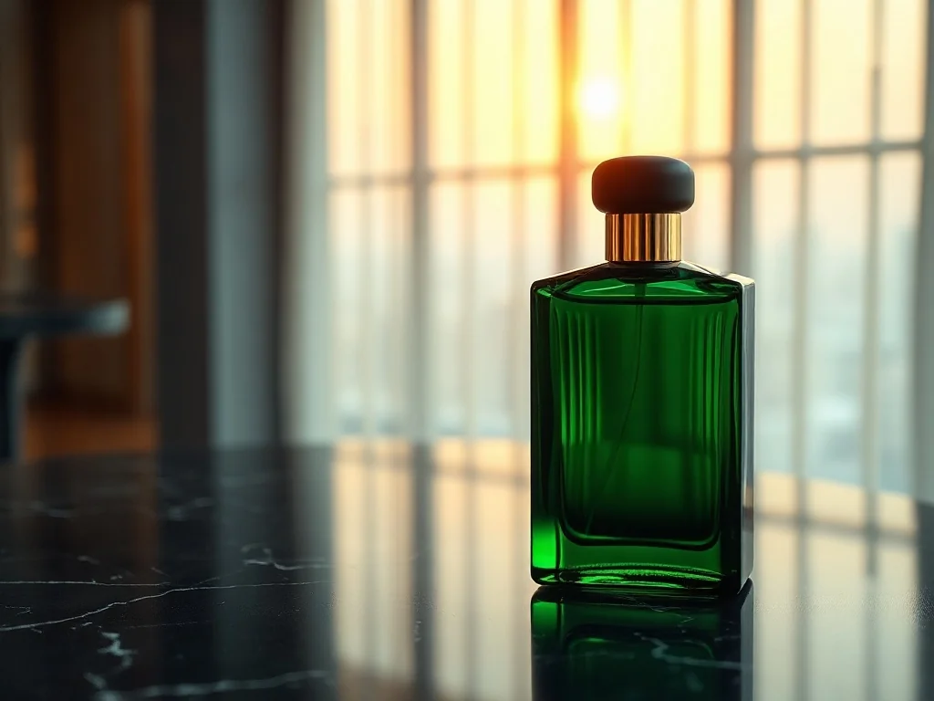 Elegancki flakon perfum Paco Rabanne pour homme na ciemnym marmurowym blacie w otoczeniu złocistego, nastrojowego światła.
