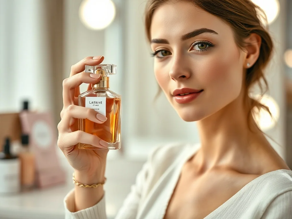 Elegancka kobieta trzymająca minimalistyczny flakon perfum na tle nowoczesnej toaletki w jasnych, pastelowych barwach.