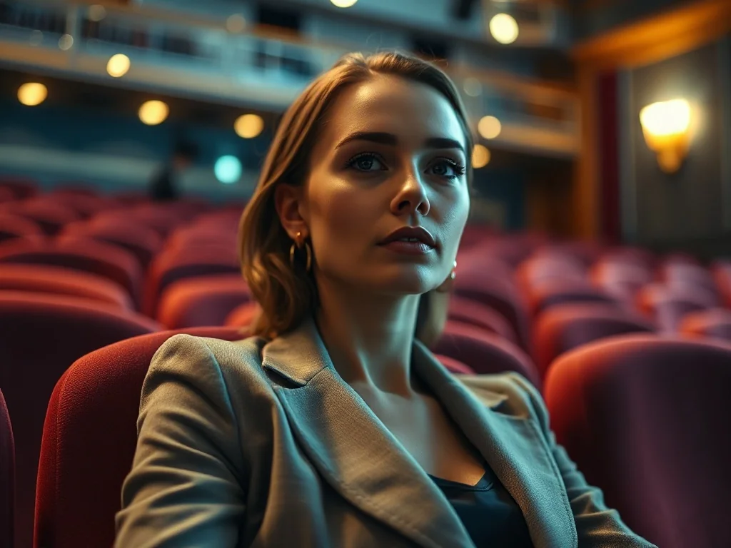 Elegancka kobieta w stylu smart-casual siedząca w luksusowym wnętrzu teatru, prezentująca propozycję stroju na komedię.