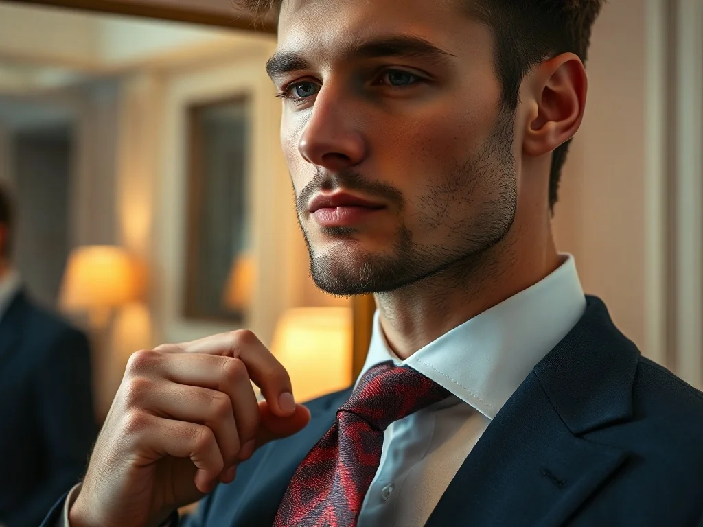 Elegancki mężczyzna w garniturze poprawia krawat przed lustrem, prezentując prawidłowy sposób jego wiązania.