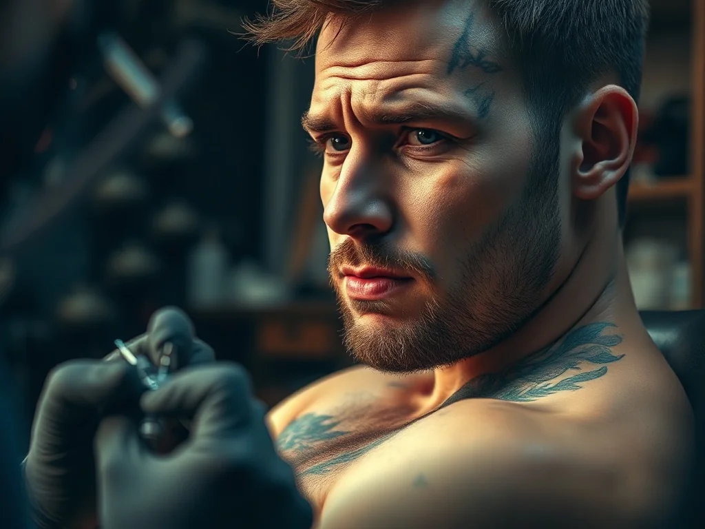 Mężczyzna odczuwający ból podczas tatuowania żeber w profesjonalnym studiu. Ilustracja miejsc o wysokiej wrażliwości.