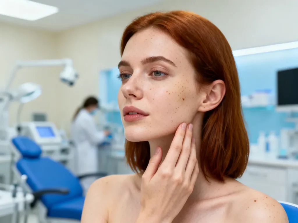 Kobieta z brązowymi plamami na twarzy w gabinecie dermatologicznym, prezentująca problem przebarwień skóry.