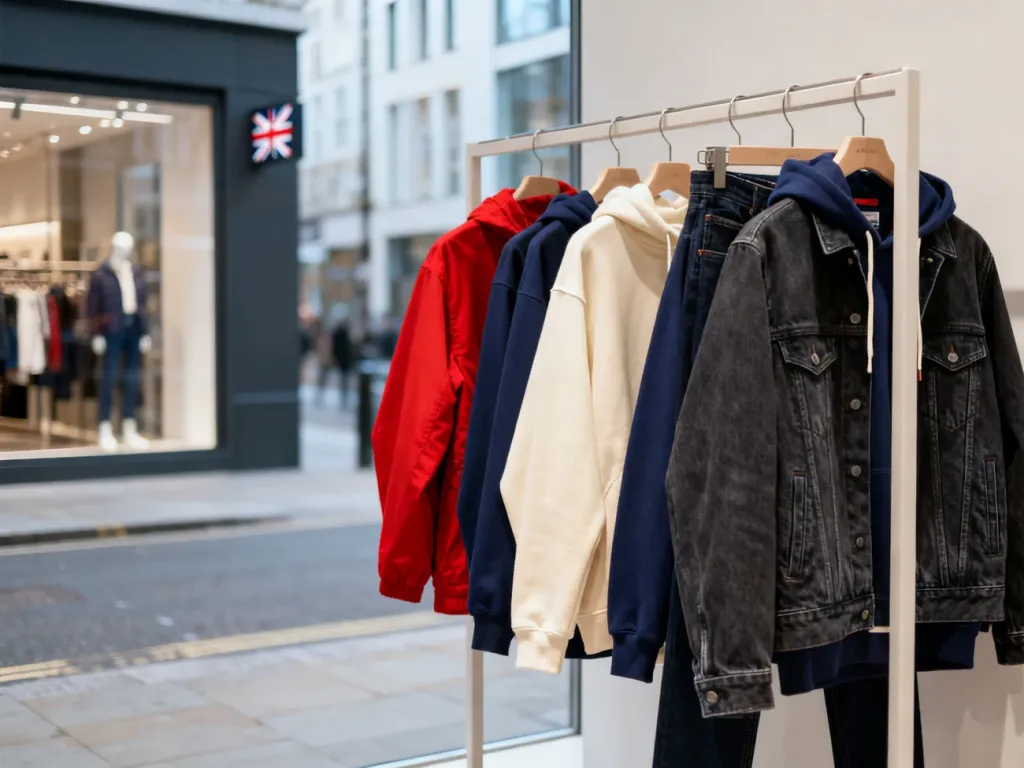 Kolekcja odzieży casual marki Superdry na minimalistycznych wieszakach w miejskim otoczeniu.