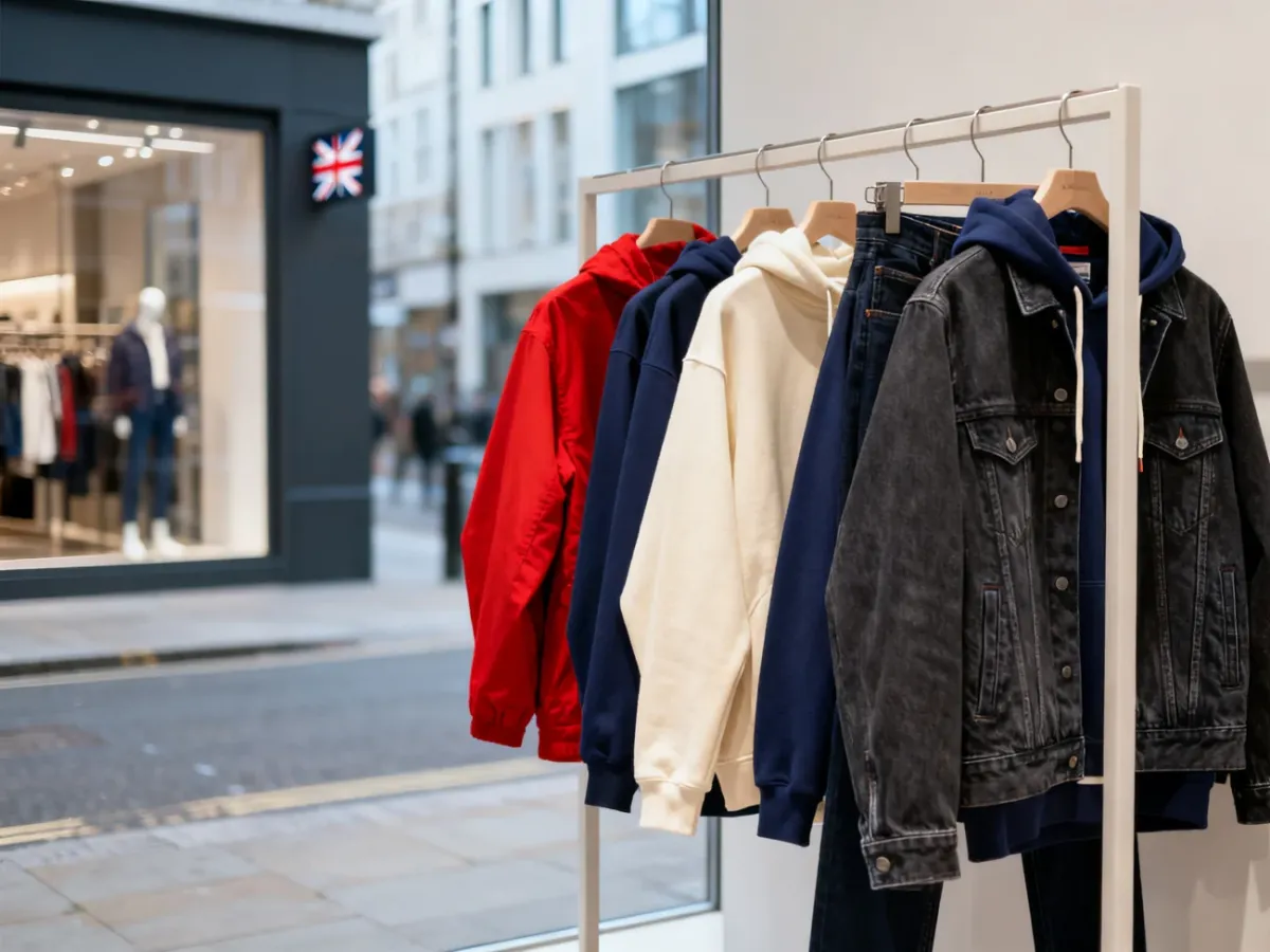 Kolekcja odzieży casual marki Superdry na minimalistycznych wieszakach w miejskim otoczeniu.