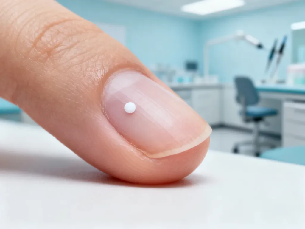 Zbliżenie na paznokieć z widoczną białą plamką na płytce w gabinecie dermatologicznym.