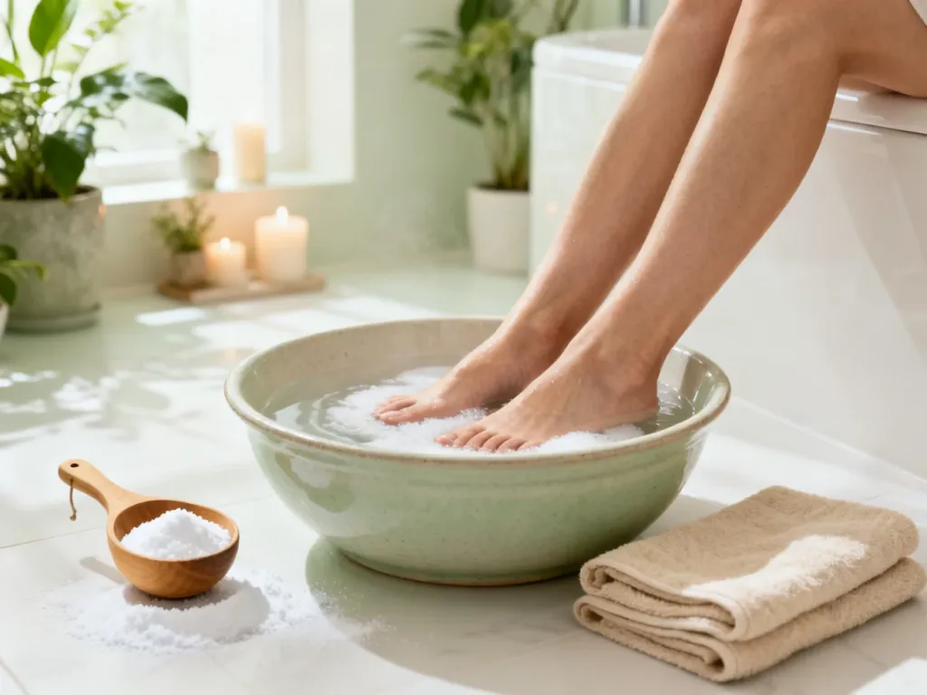 Miska z ciepłą wodą i sodą oczyszczoną do moczenia stóp w relaksującej, domowej scenerii spa.