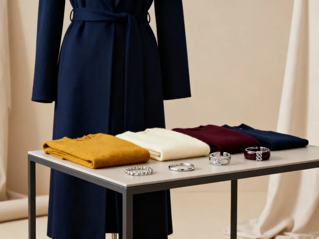 Elegancka stylizacja w kolorze ciemnego granatu zestawiona z musztardowymi, kremowymi, bordowymi i srebrnymi dodatkami.