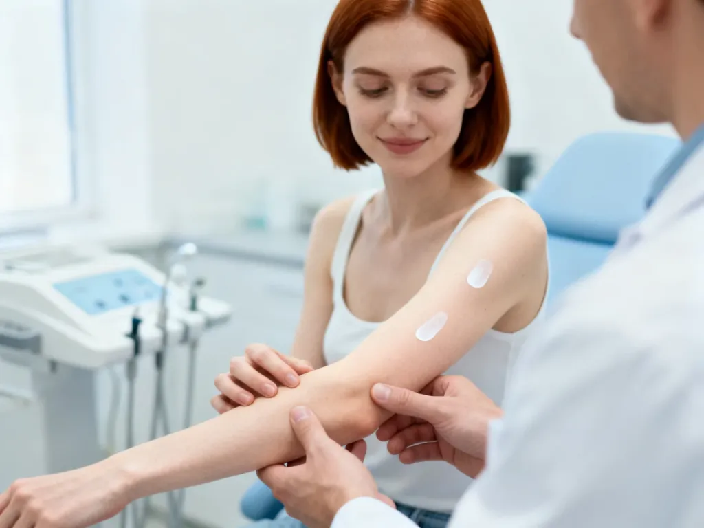 Dermatolog badający białe plamy na przedramieniu pacjentki w gabinecie lekarskim.