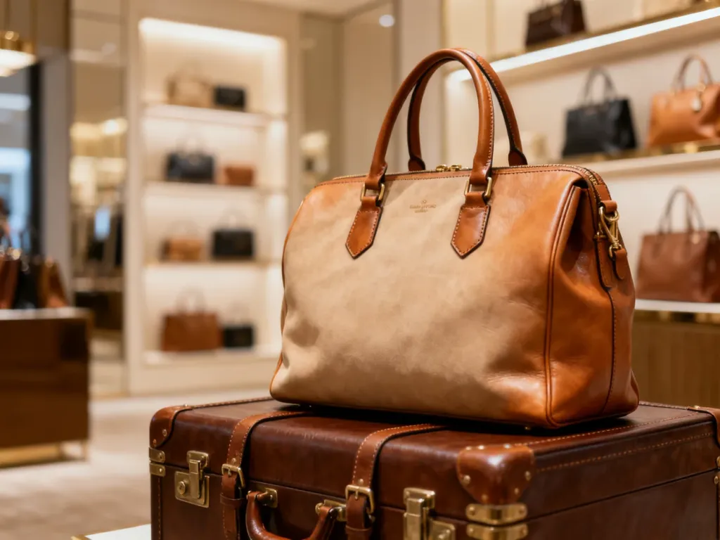 Elegancka skórzana torebka i walizka marki Malar bags wyeksponowane w stylowym wnętrzu butiku.