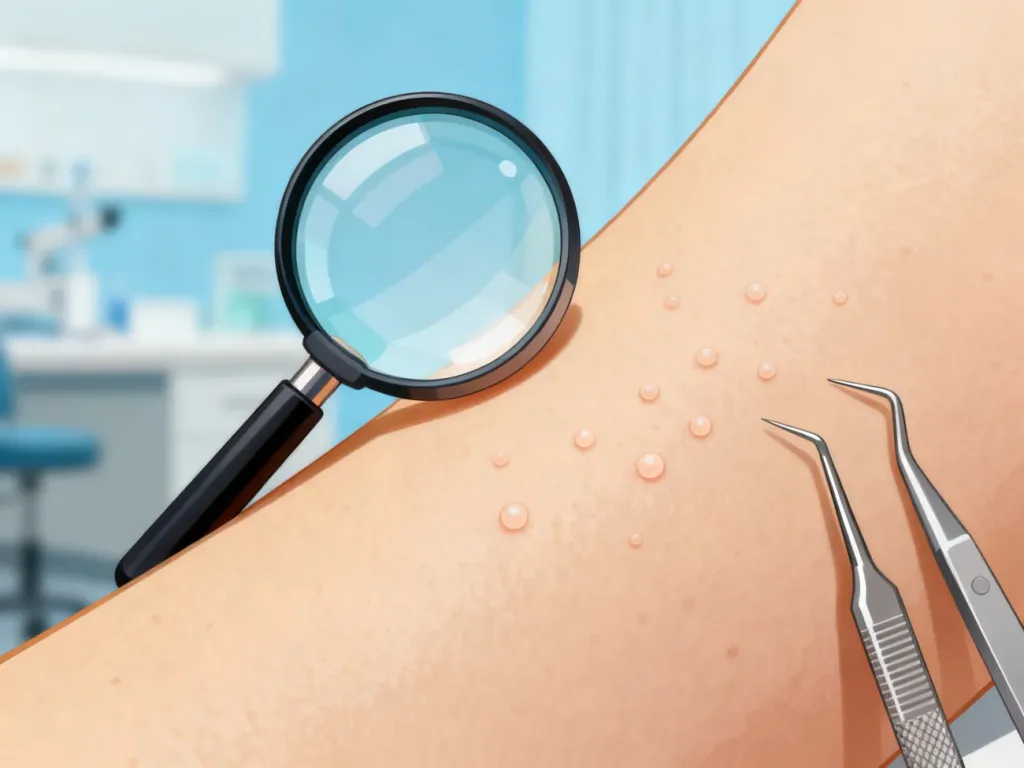 Ilustracja medyczna przedstawiająca plamki Fordyce’a na skórze oraz narzędzia dermatologiczne używane do ich diagnozy.