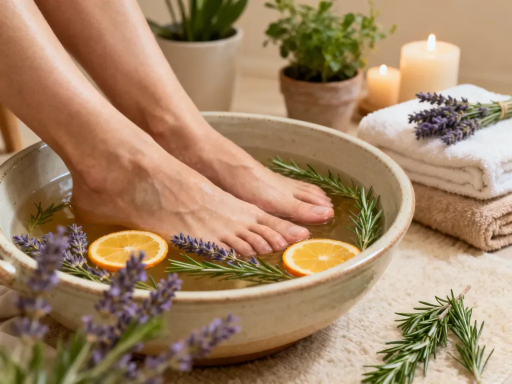Stopy relaksujące się w misce z wodą, ziołami i cytrusami w domowym spa, tworzące atmosferę odprężenia i pielęgnacji.