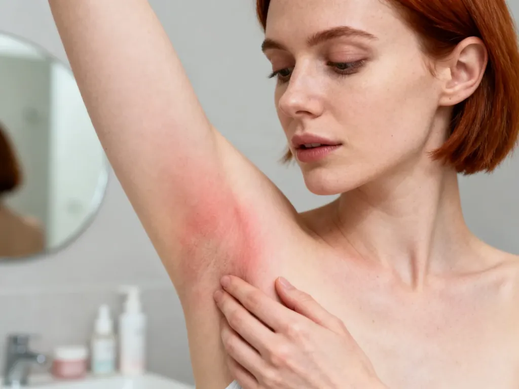 Kobieta oglądająca delikatne zaczerwienienie skóry pod pachą w łazience. Ilustracja problemów dermatologicznych.