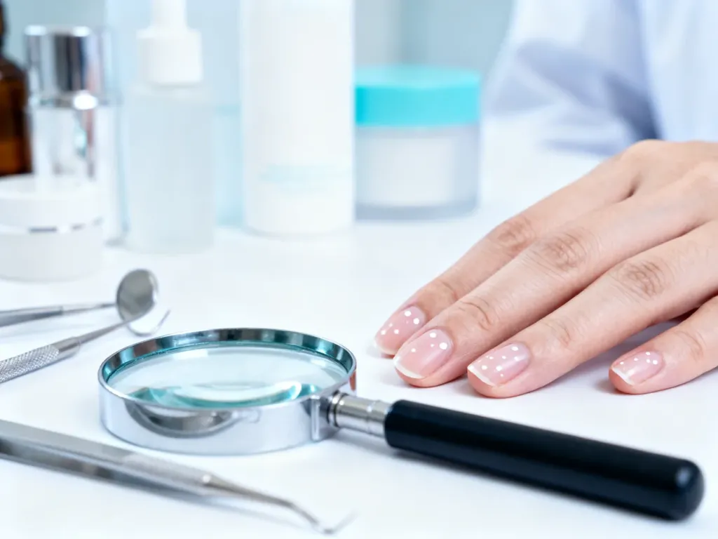 Dłoń z widocznymi białymi plamkami na paznokciach oraz narzędzia dermatologiczne w gabinecie lekarskim.